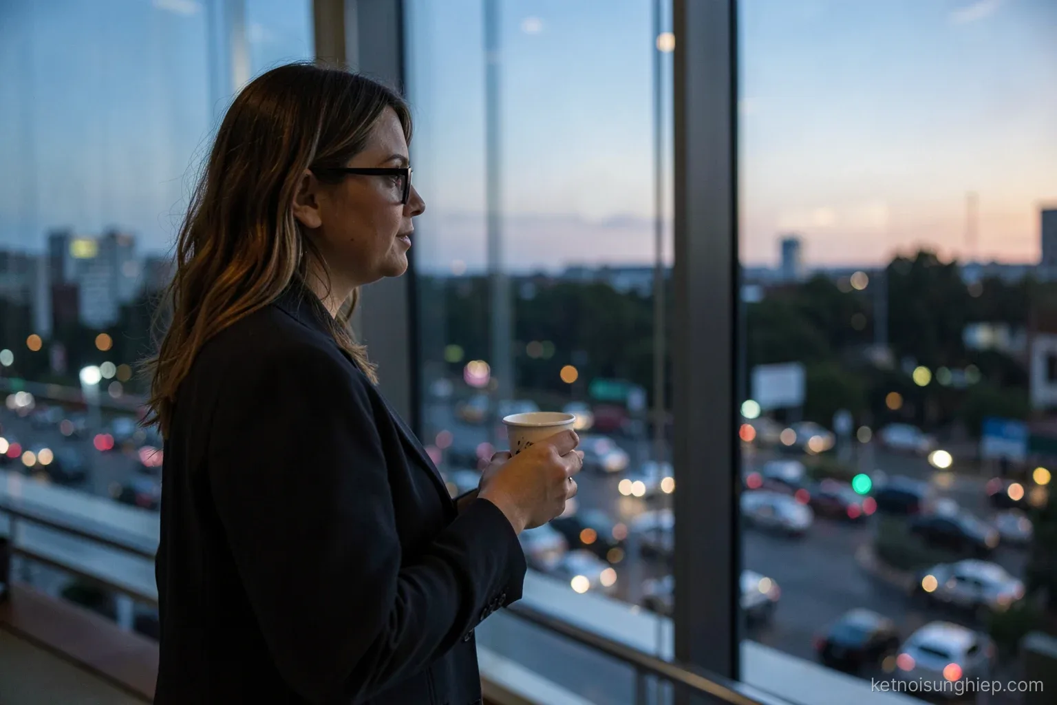 A woman stands by a large office window at dusk holding a cup, looking out at traffic below, side view