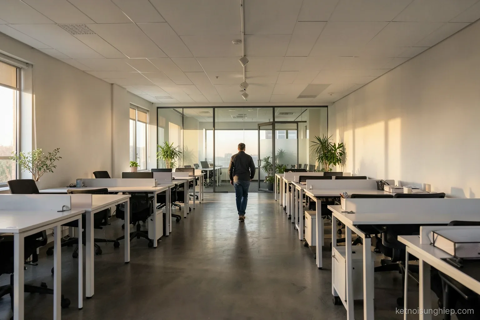 Wide view of a large open-plan office floor in late afternoon, rows of desks, one employee walking toward a glass meeting room, faces not visible