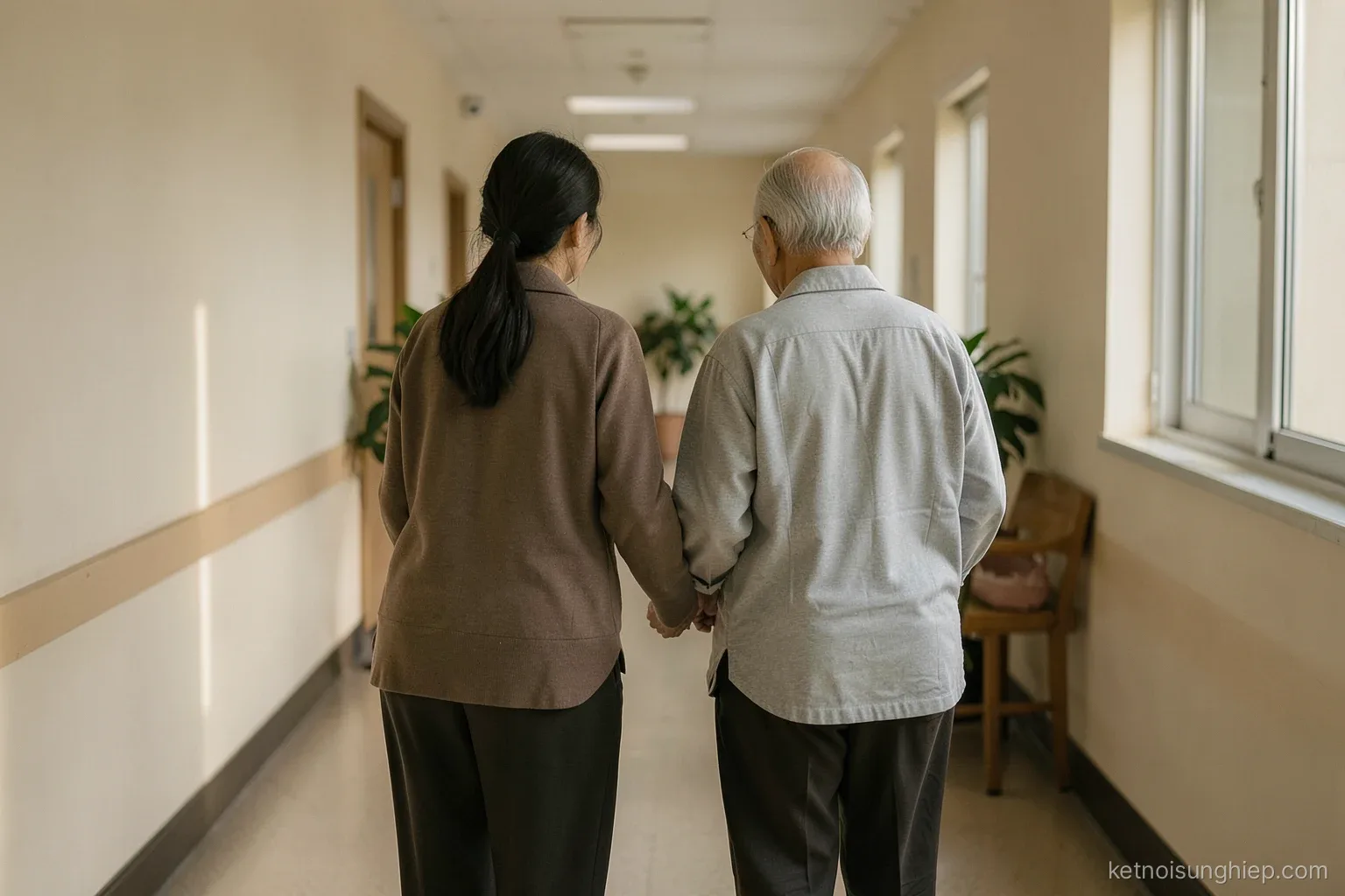 An adult Vietnamese daughter seen from behind helping her elderly father walk along a quiet hospital corridor, soft afternoon light