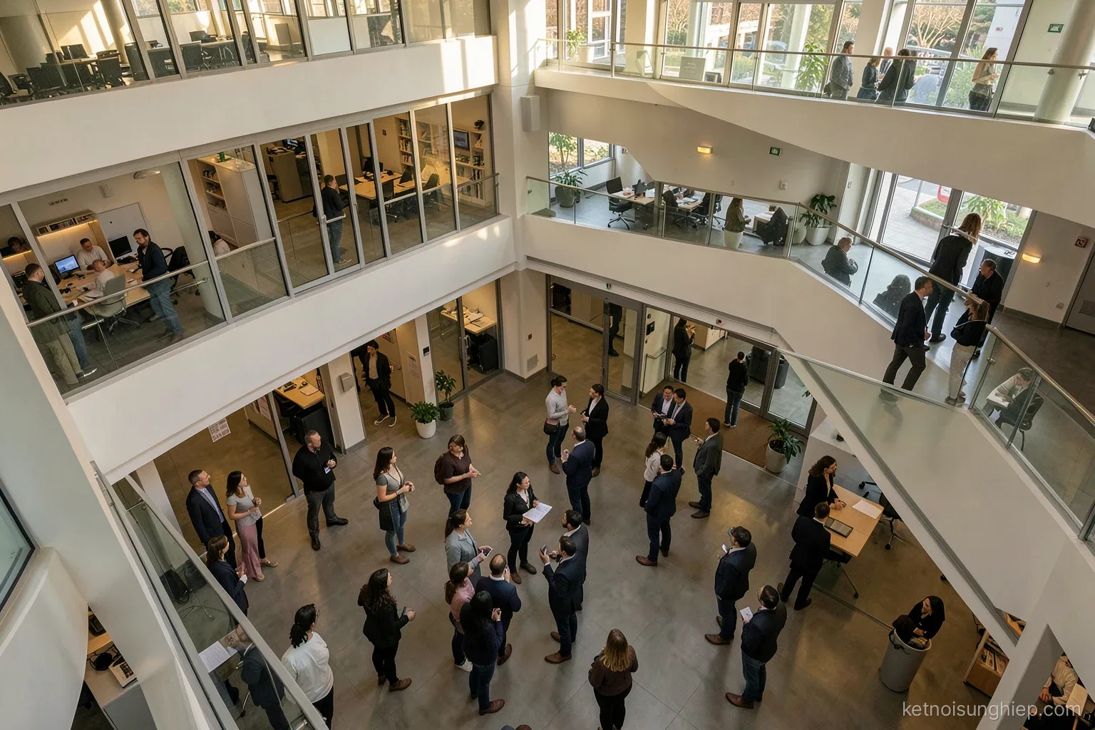 High angle view of an office atrium where small groups of employees stand talking on different floors, late afternoon light, faces too distant to recognize