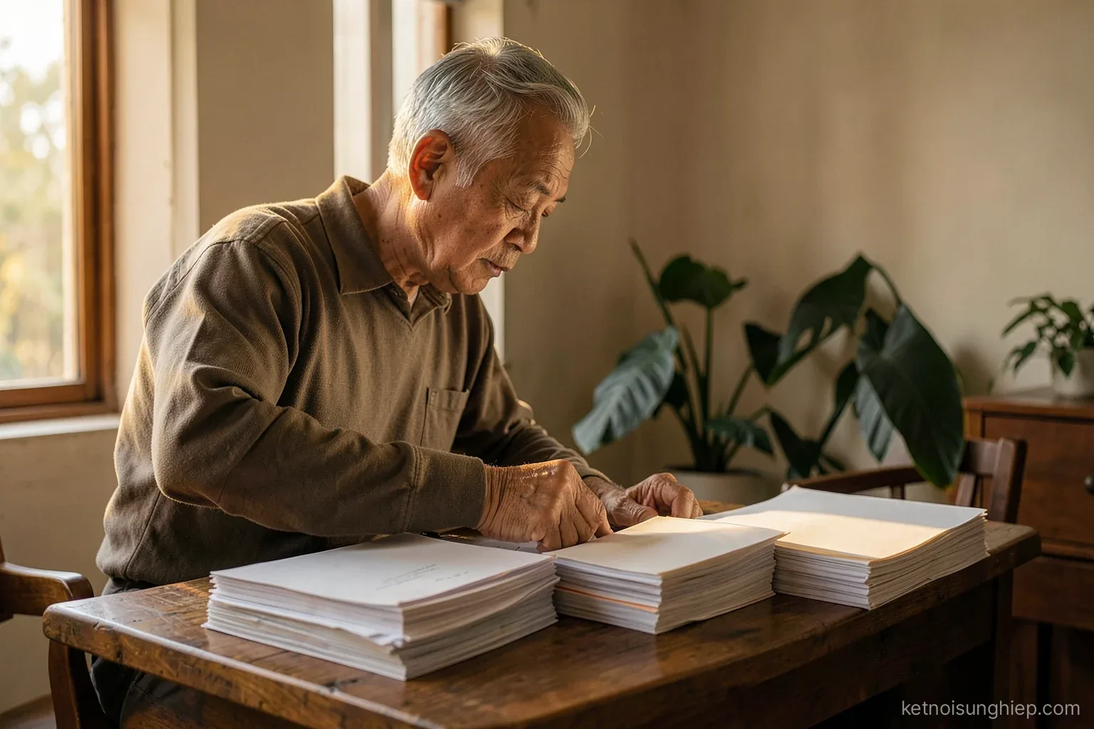 A gray-haired Vietnamese man at a wooden desk by a window, sorting blank folders into neat stacks, warm late afternoon light