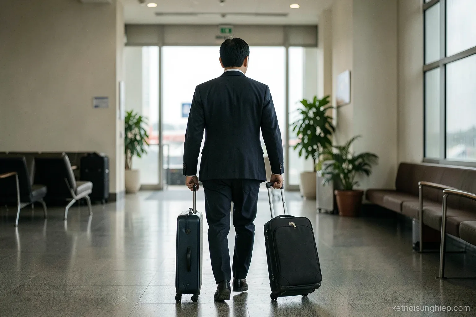 A Vietnamese professional with a rolling suitcase seen from behind, walking out of an airport arrival hall into humid morning light