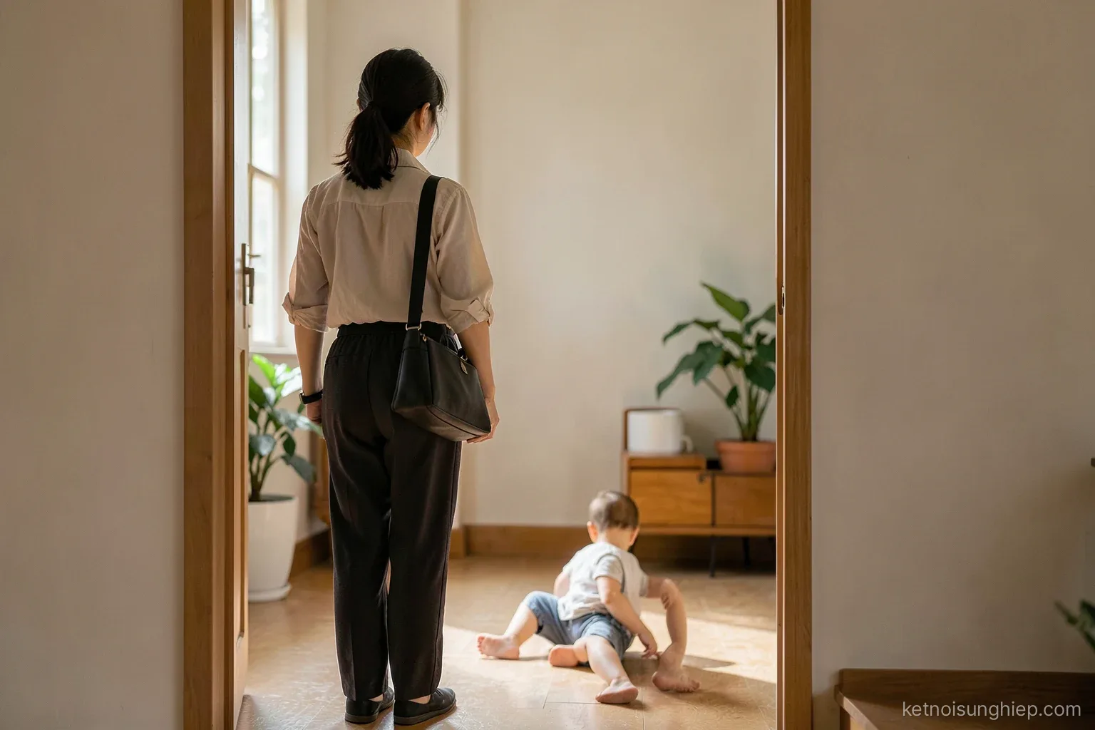 A Vietnamese mother seen from behind at a doorway with a work bag, a toddler playing on the floor, soft morning light