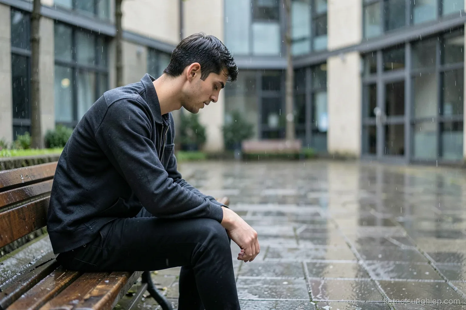 A young man sits alone on a bench in a quiet office courtyard after rain, elbows on knees, looking down at wet tiles, side view