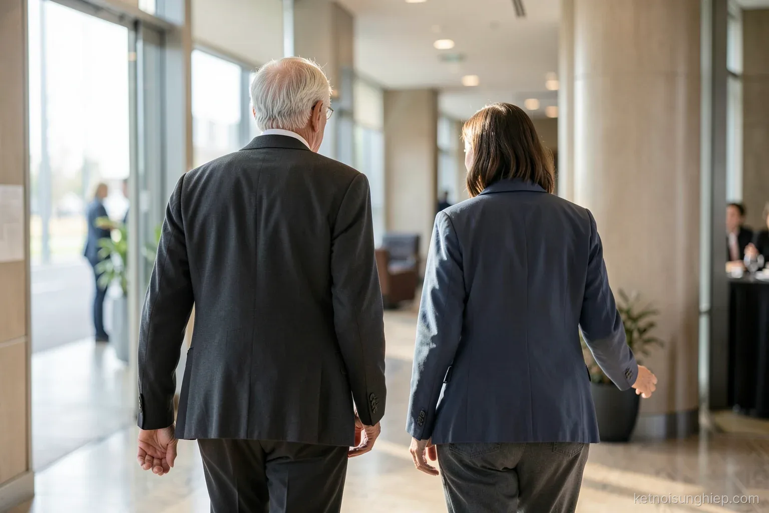 Two people of different ages walk out of a conference hall together, the older one gesturing ahead, seen from behind in soft daylight