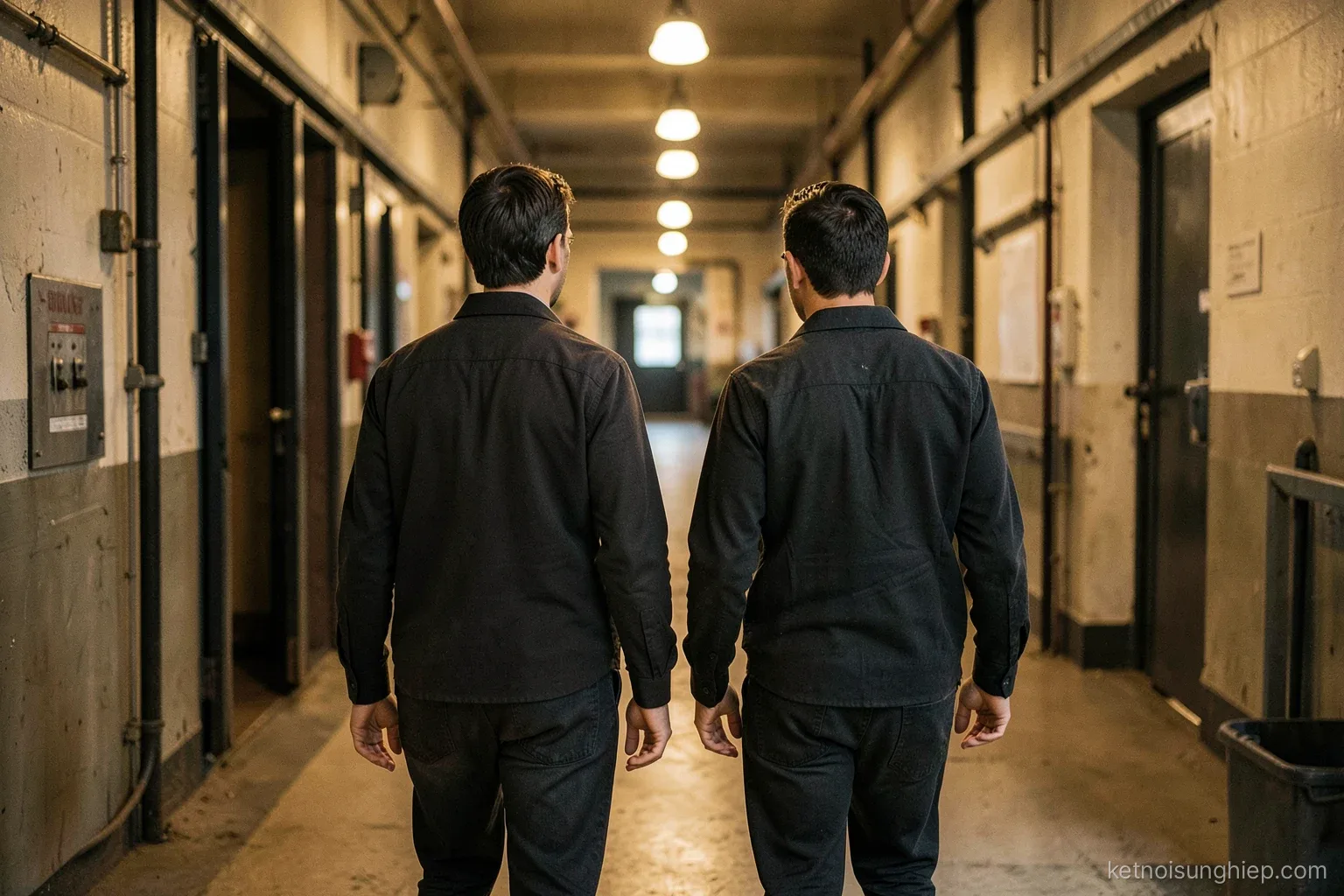 A manager and a younger employee walk together along a factory corridor, talking, seen from behind at a distance, warm industrial light