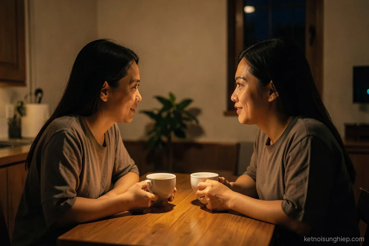 A Vietnamese couple in profile at a kitchen table at night, talking over two cups of tea, warm lamp light